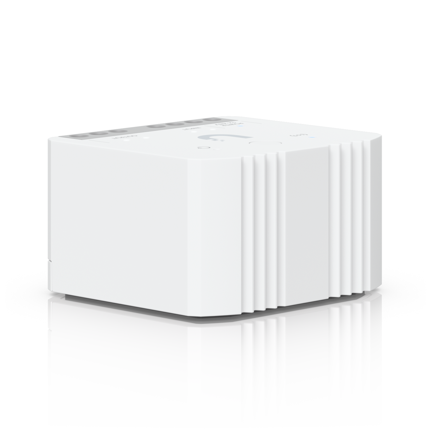 Rear three-quarter view of the Ubiquiti UniFi Relay with ribbed enclosure edges