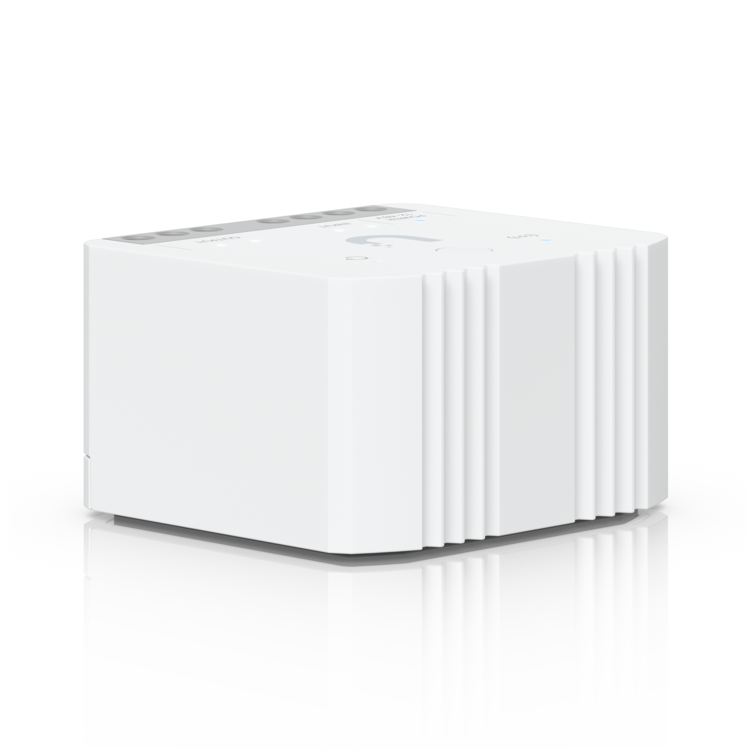 Rear three-quarter view of the Ubiquiti UniFi Relay with ribbed enclosure edges