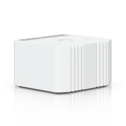 Rear three-quarter view of the Ubiquiti UniFi Relay with ribbed enclosure edges
