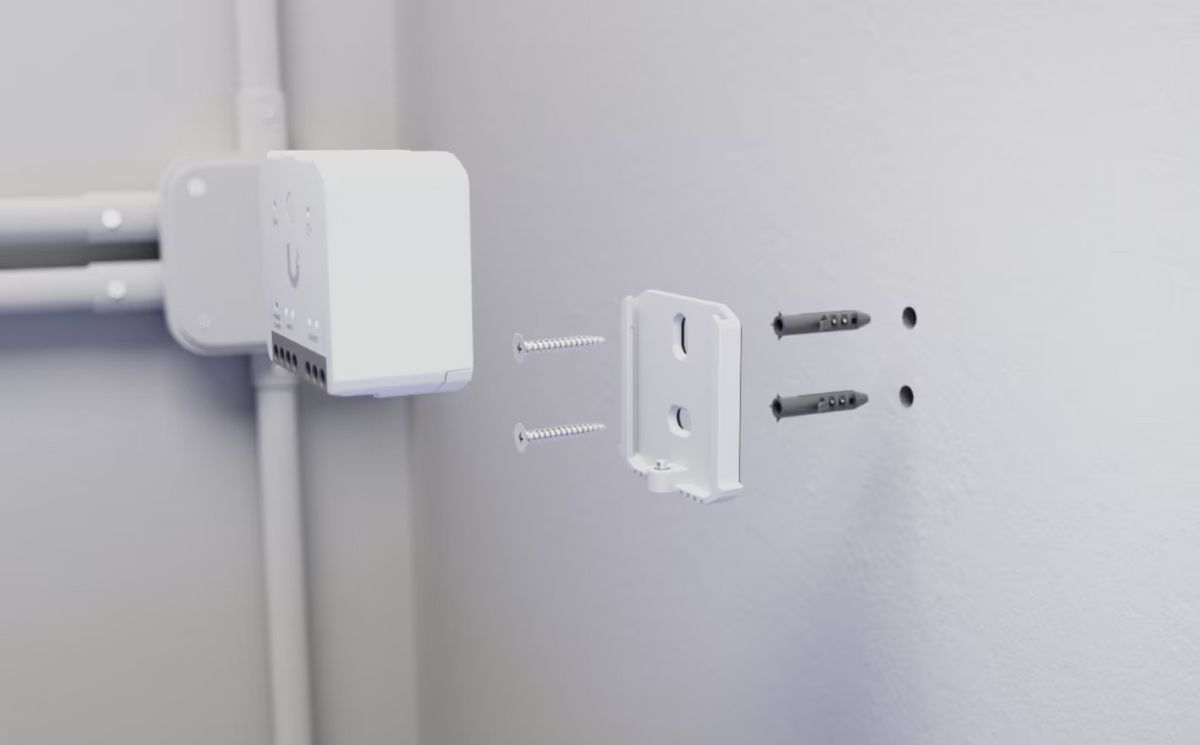 Exploded installation view of Ubiquiti USL-Relay with wall bracket, screws and anchors