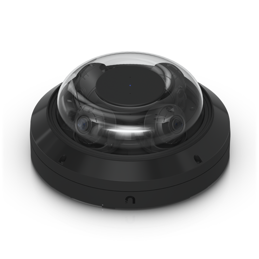 Ubiquiti UVC-AI-MS-4 UniFi AI Multi Sensor 4 Black angled front view with clear dome and four camera lenses