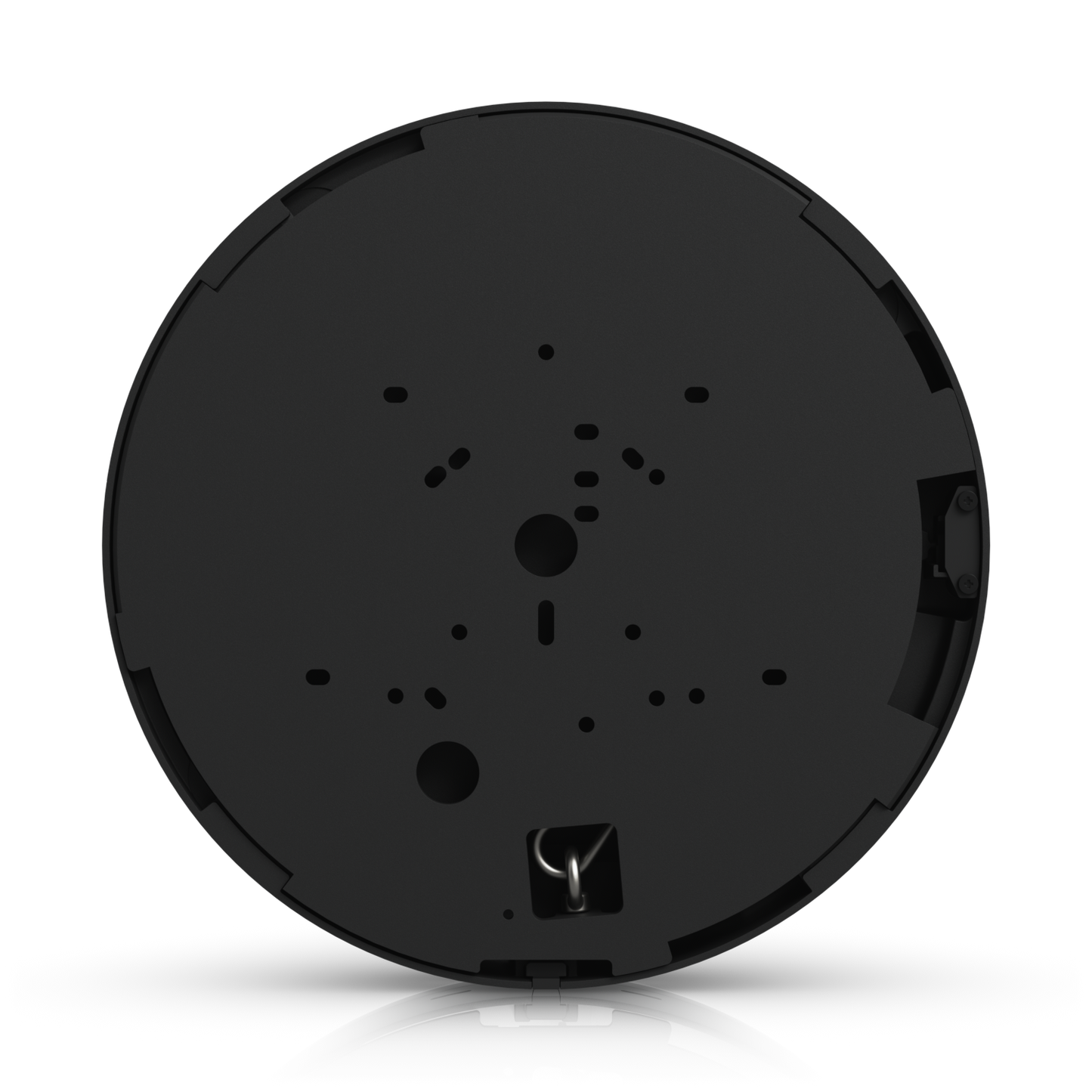 Underside of Ubiquiti UVC-AI-MS-4 Black mounting plate showing fixing slots, cable openings and safety eyelet