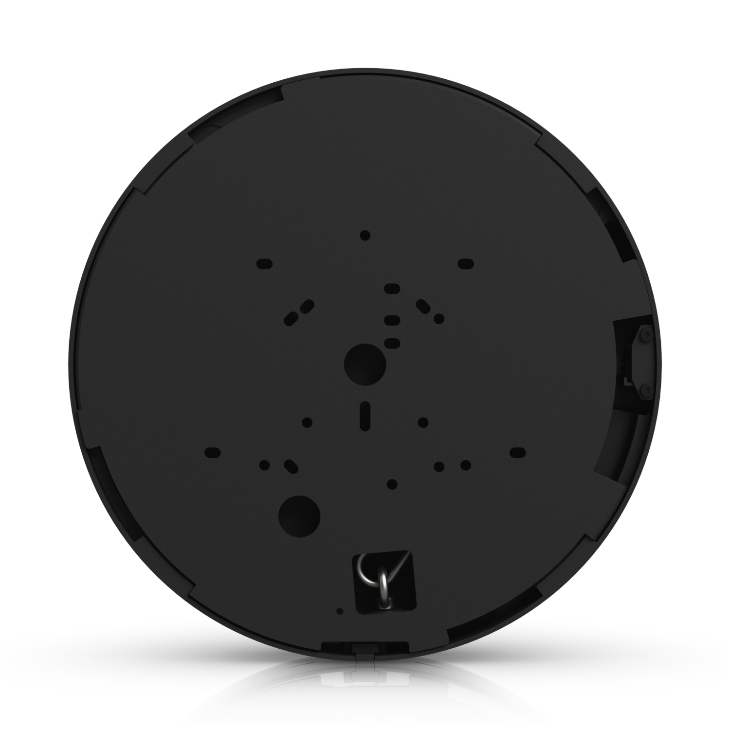 Underside of Ubiquiti UVC-AI-MS-4 Black mounting plate showing fixing slots, cable openings and safety eyelet