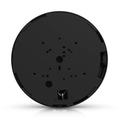 Underside of Ubiquiti UVC-AI-MS-4 Black mounting plate showing fixing slots, cable openings and safety eyelet