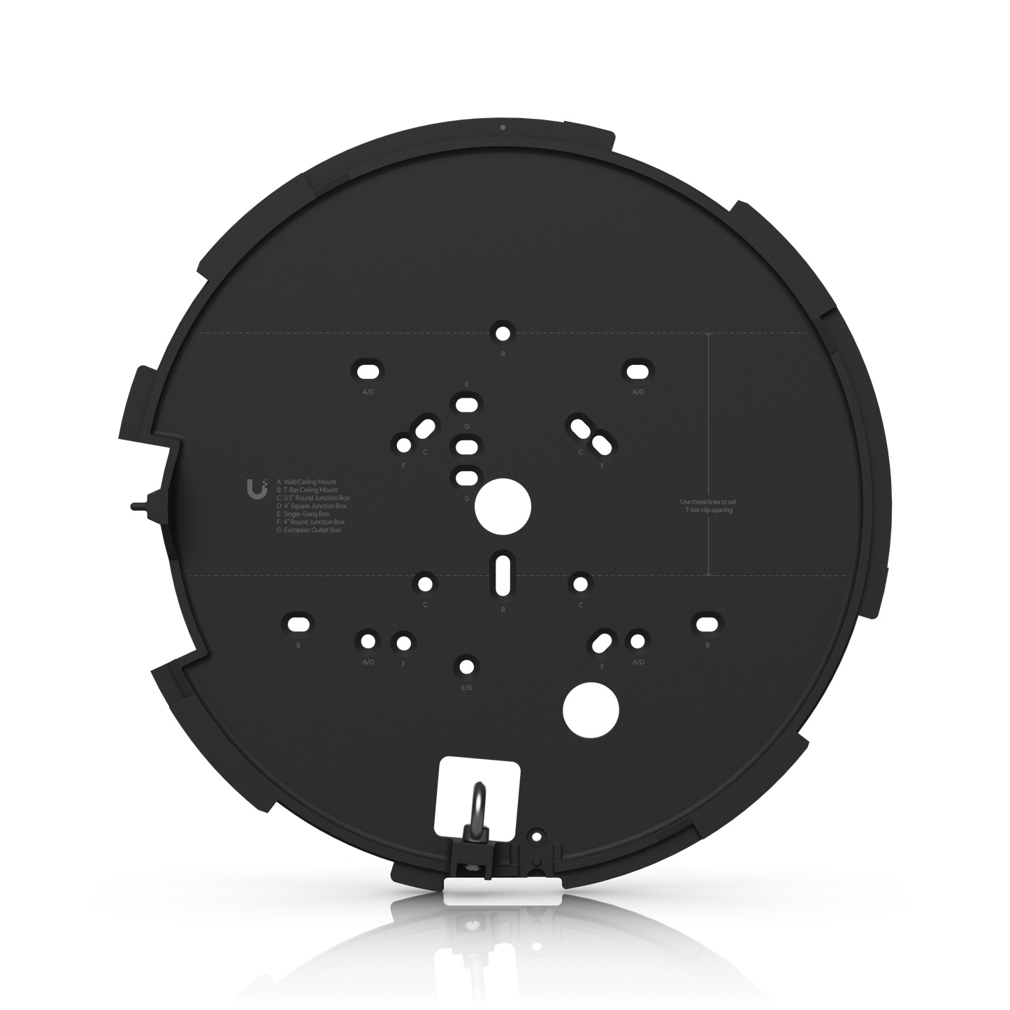 Ubiquiti UVC-AI-MS-4 Black mounting plate with labelled fixing points for ceiling and junction box installation