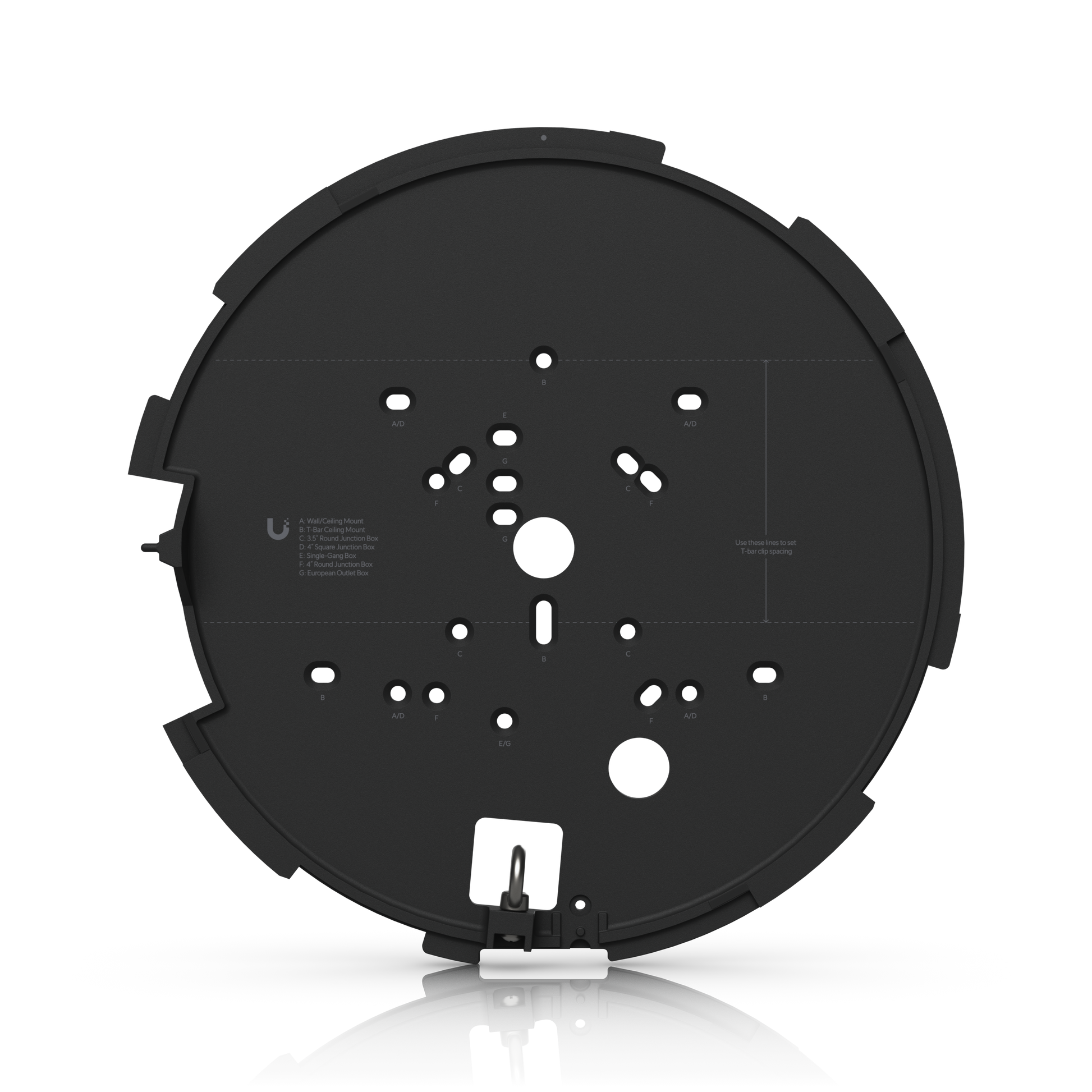 Ubiquiti UVC-AI-MS-4 Black mounting plate with labelled fixing points for ceiling and junction box installation