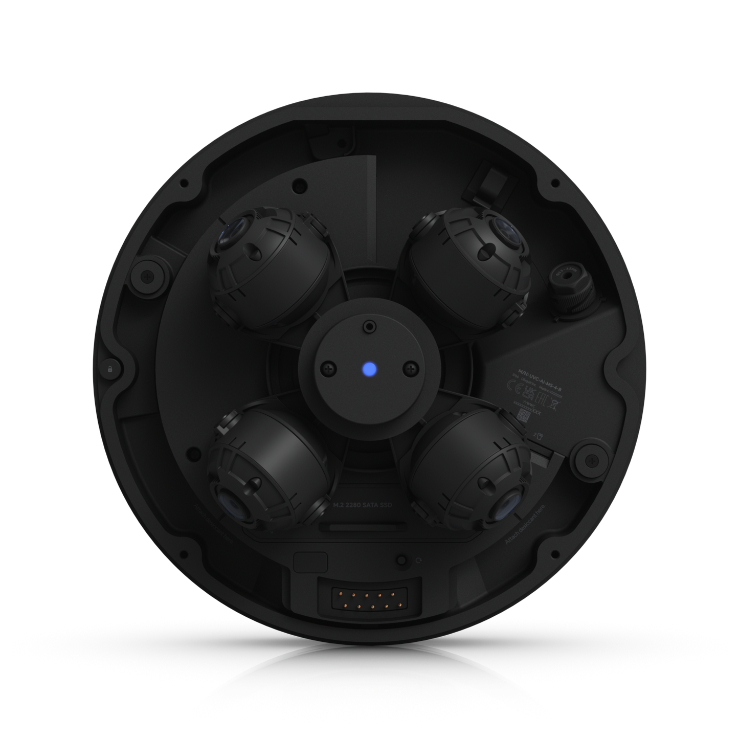 Ubiquiti UVC-AI-MS-4 Black with dome removed, showing four adjustable camera modules and internal connectors