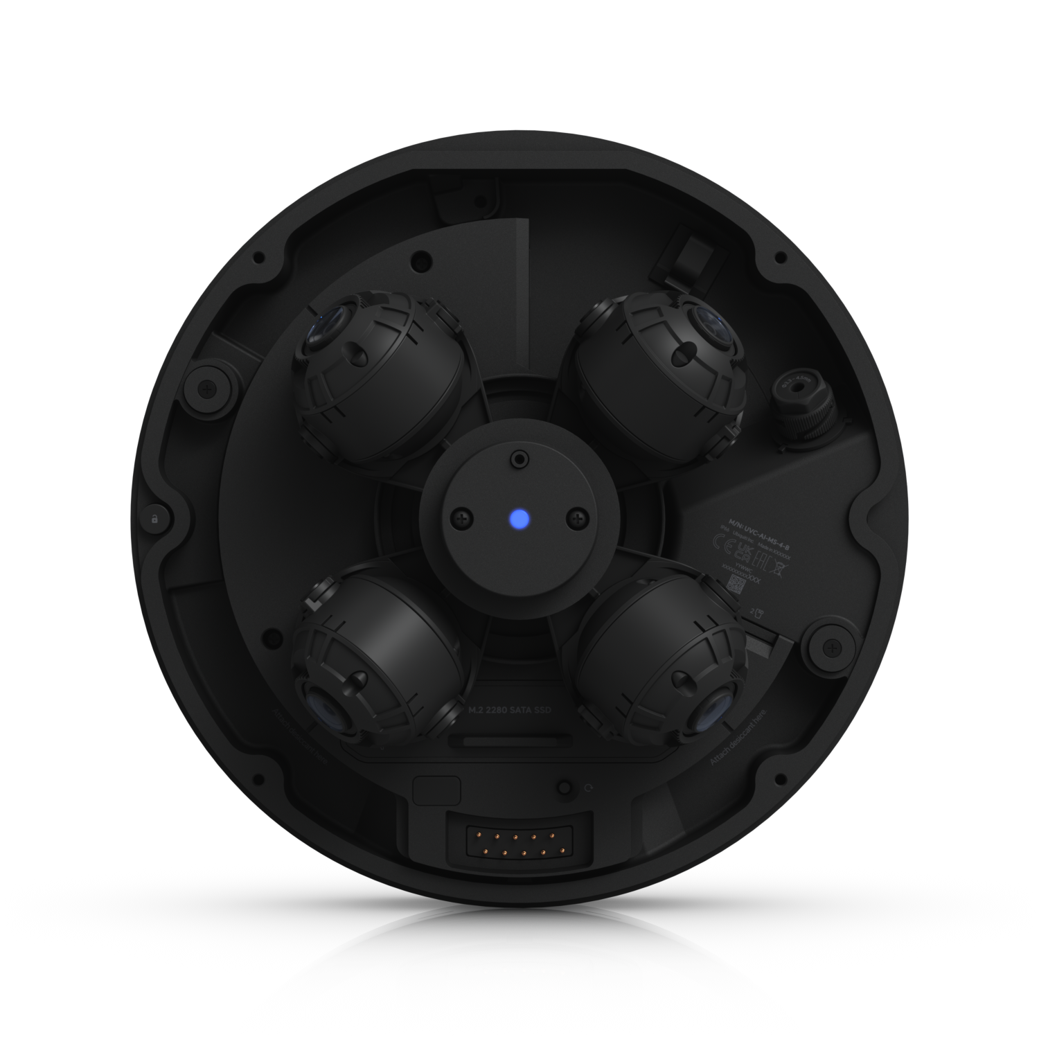 Ubiquiti UVC-AI-MS-4 Black with dome removed, showing four adjustable camera modules and internal connectors
