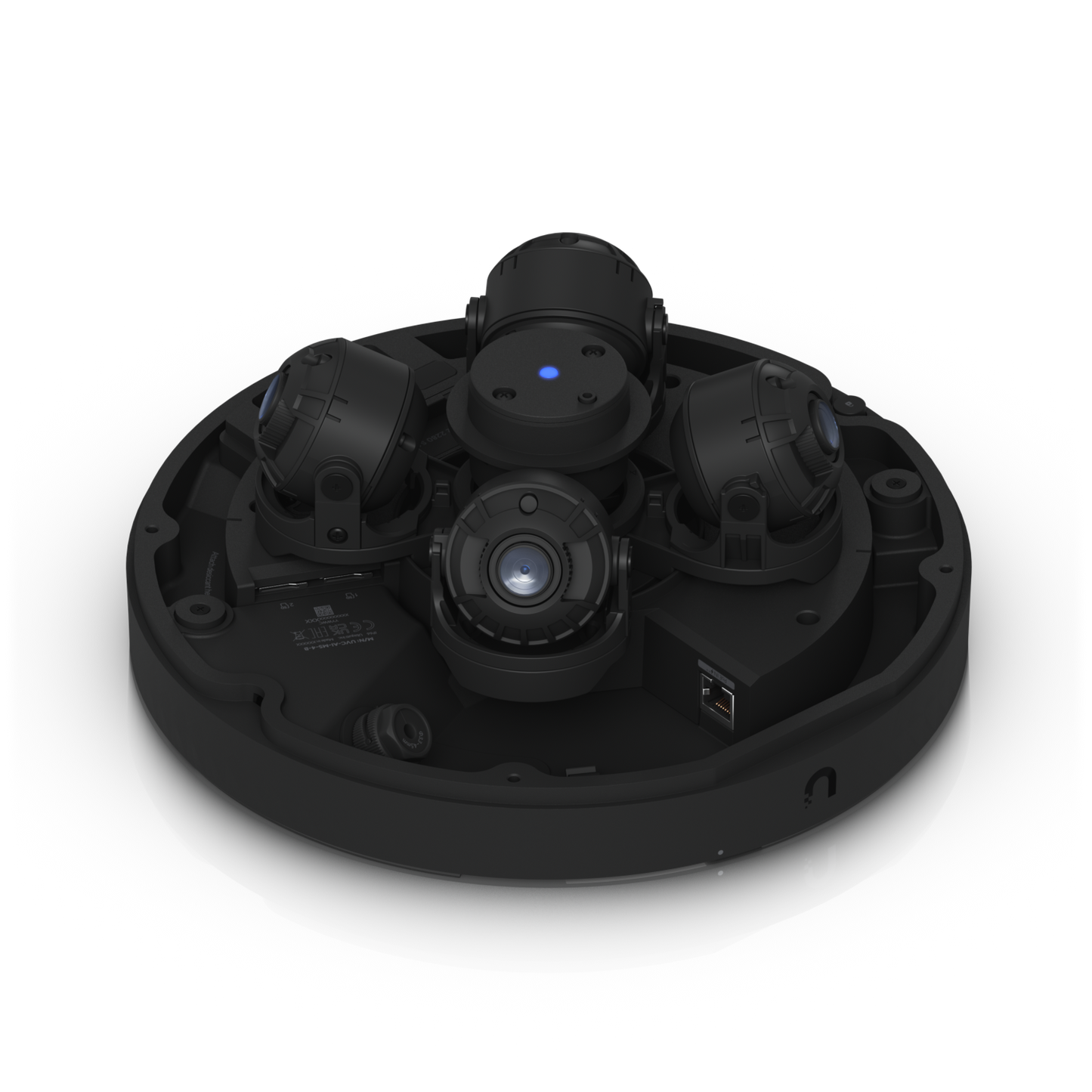 Angled internal view of UniFi AI Multi Sensor 4 Black showing four adjustable lenses and Ethernet port