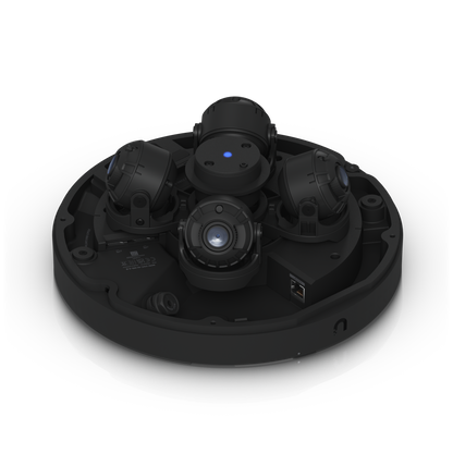 Angled internal view of UniFi AI Multi Sensor 4 Black showing four adjustable lenses and Ethernet port