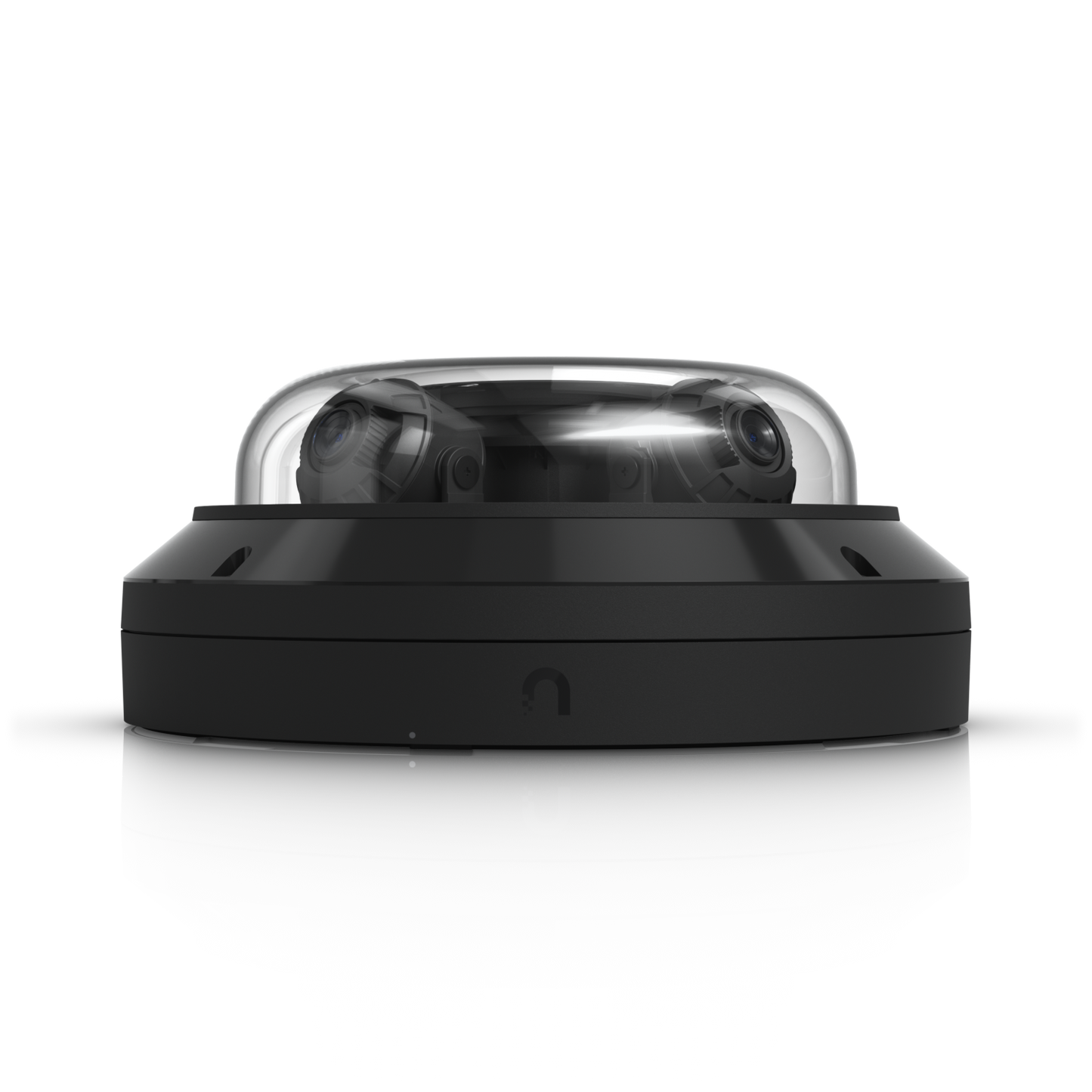 Front side view of Ubiquiti UVC-AI-MS-4 Black with two camera lenses visible beneath the clear dome