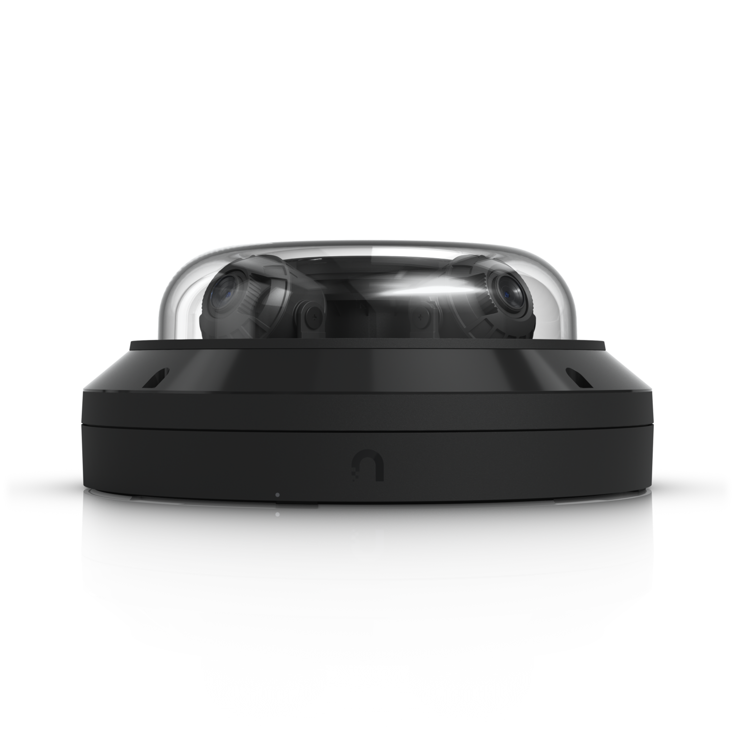 Front side view of Ubiquiti UVC-AI-MS-4 Black with two camera lenses visible beneath the clear dome