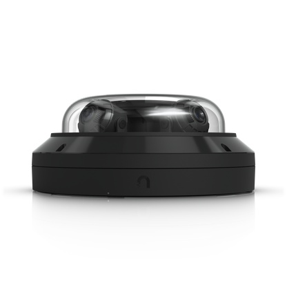 Front side view of Ubiquiti UVC-AI-MS-4 Black with two camera lenses visible beneath the clear dome