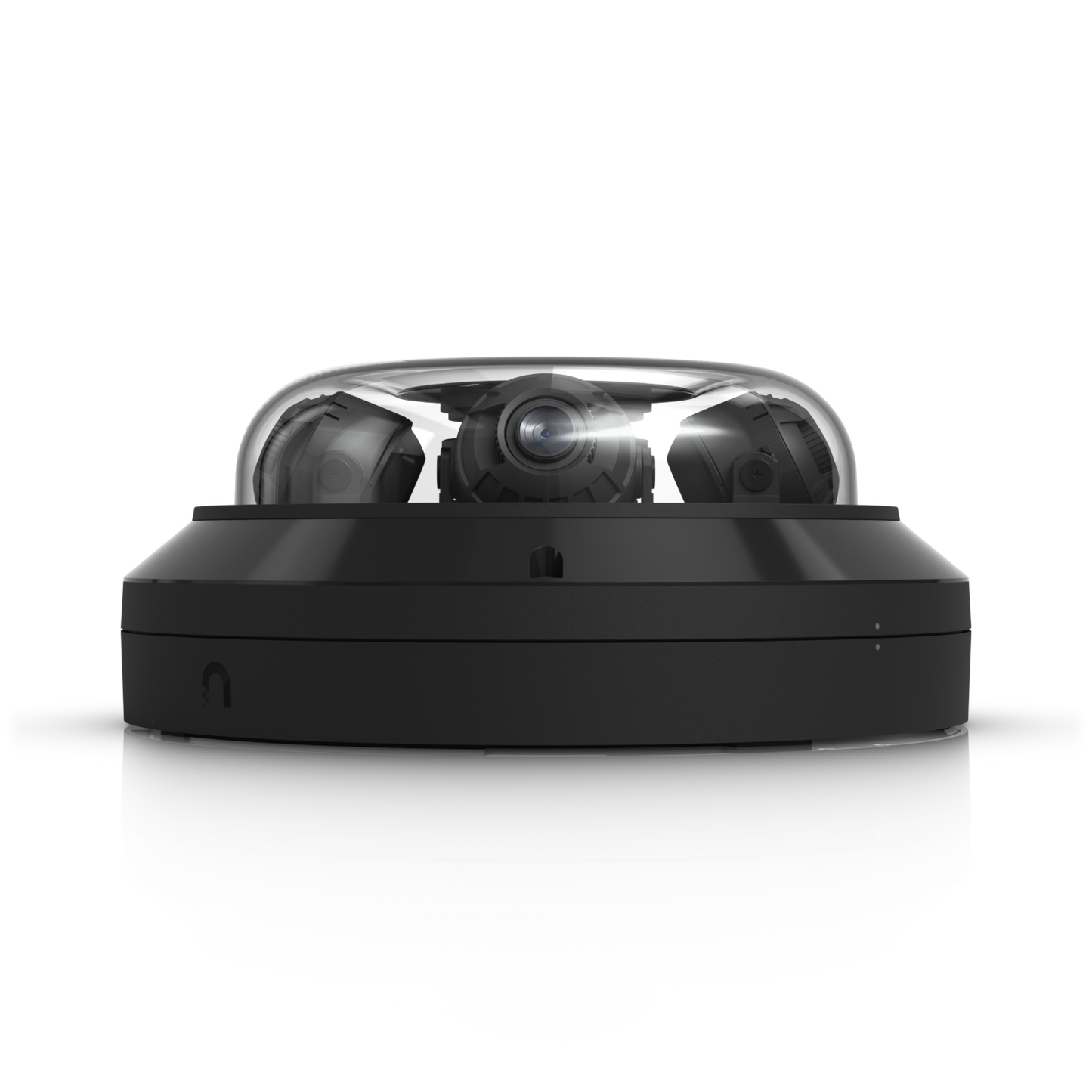 Side view of UniFi AI Multi Sensor 4 Black with central camera lens visible through the transparent dome