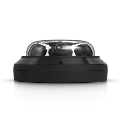 Side view of UniFi AI Multi Sensor 4 Black with central camera lens visible through the transparent dome