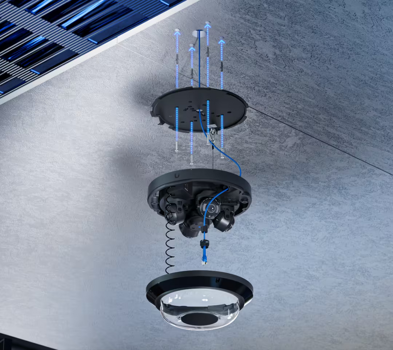 Exploded installation view of Ubiquiti UVC-AI-MS-4 Black with mounting plate, camera assembly and dome cover
