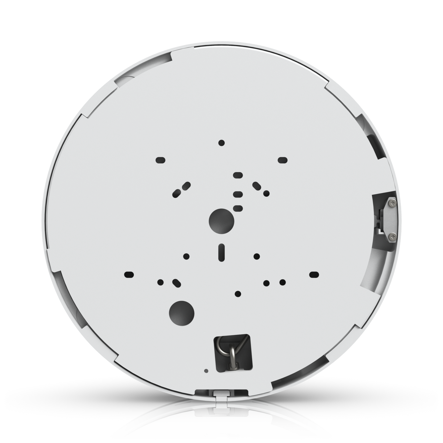 Rear view of the UniFi AI Multi Sensor 4 white mounting plate with screw slots and safety tether