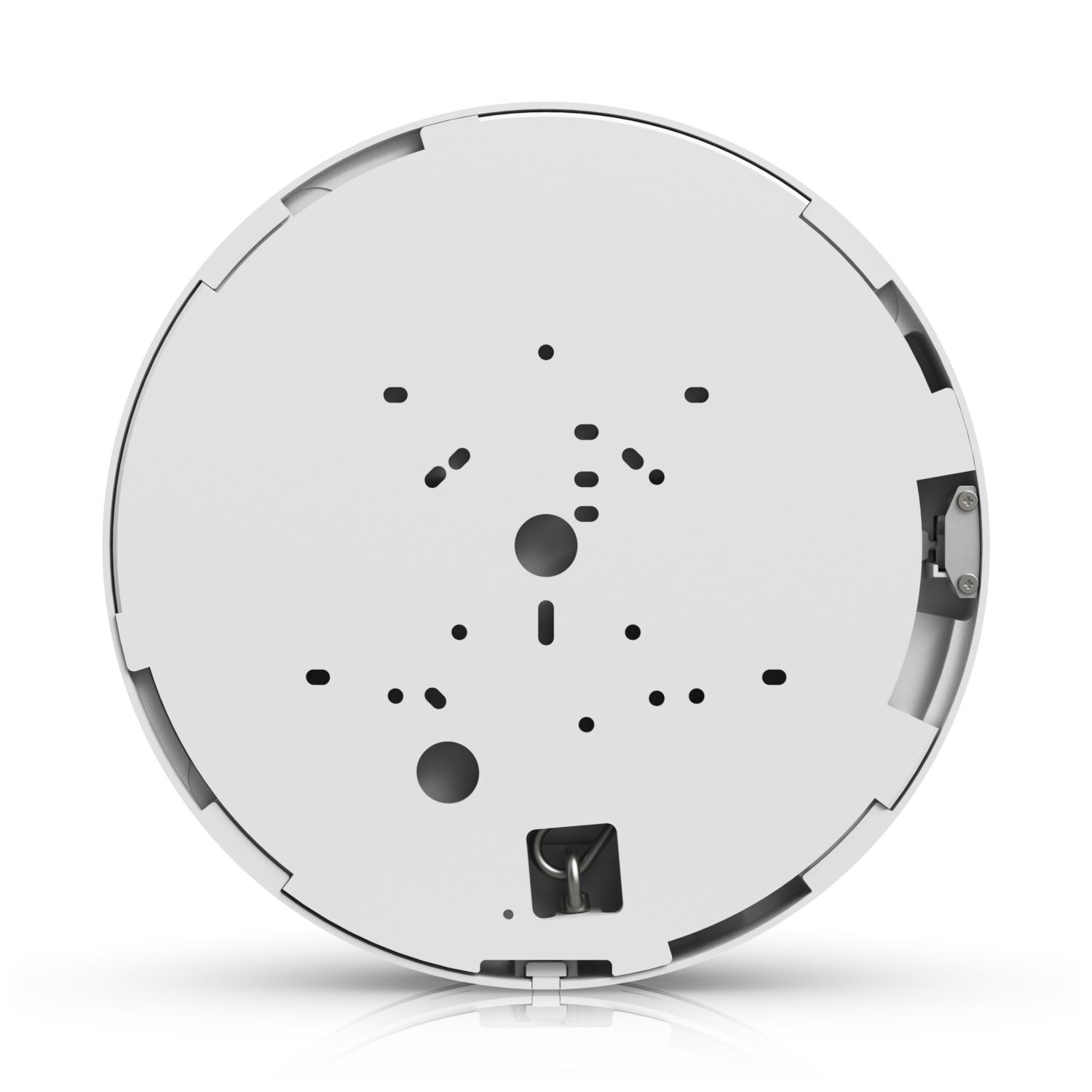 Rear view of the UniFi AI Multi Sensor 4 white mounting plate with screw slots and safety tether