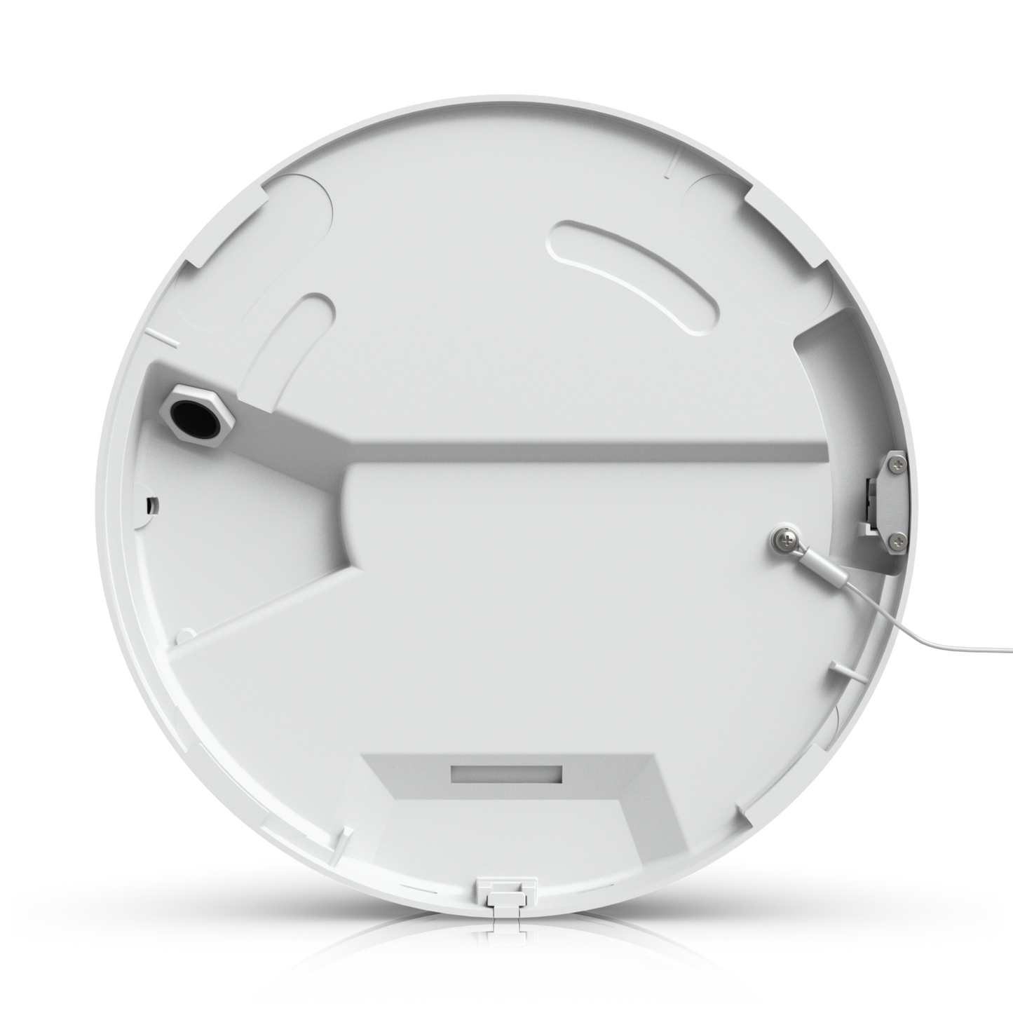 Interior view of the Ubiquiti UVC-AI-MS-4 white mounting cover with cable opening and tether connection