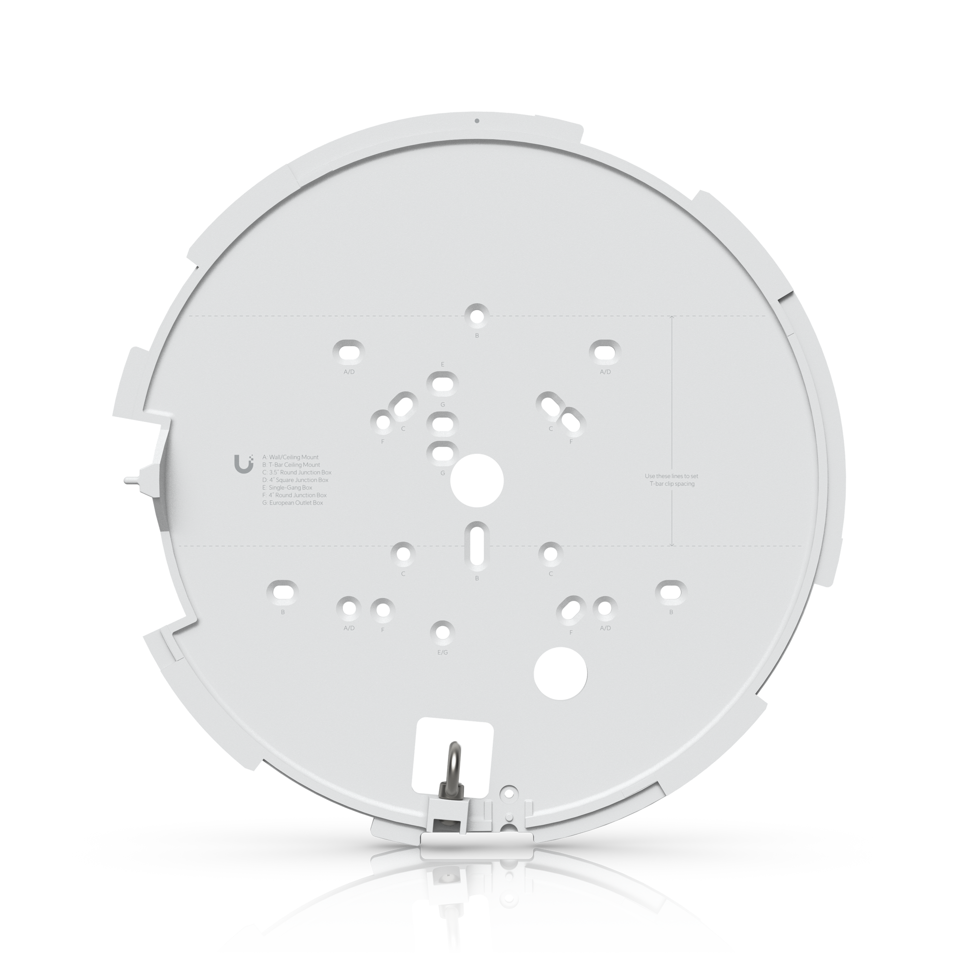 UniFi AI Multi Sensor 4 white mounting plate with labelled holes for ceiling and junction box installation