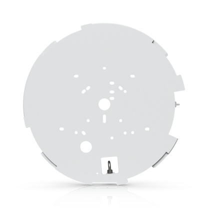 Rear face of the UniFi AI Multi Sensor 4 white mounting plate with installation holes and tether