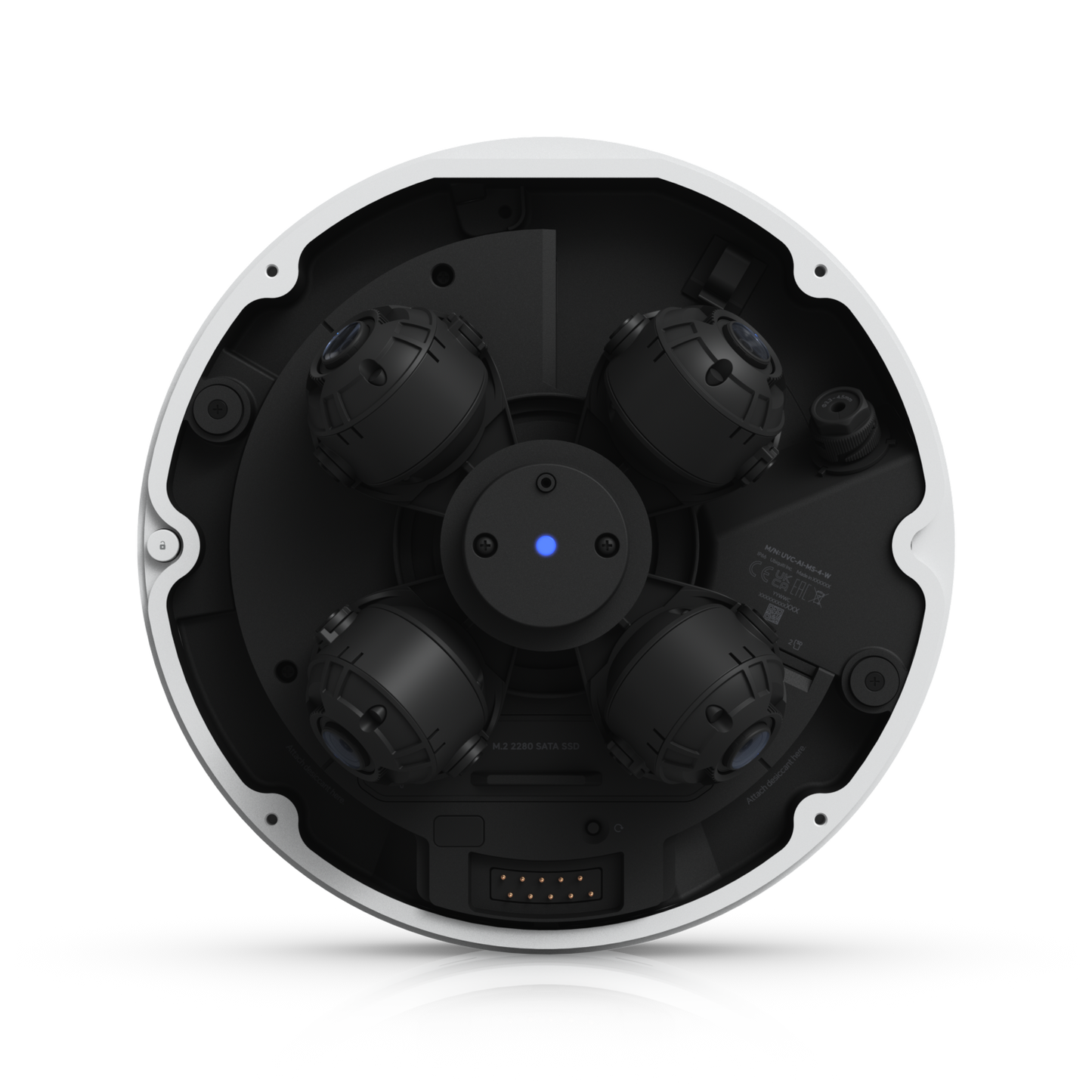 Ubiquiti UVC-AI-MS-4 with dome removed, revealing four adjustable camera modules and central status light