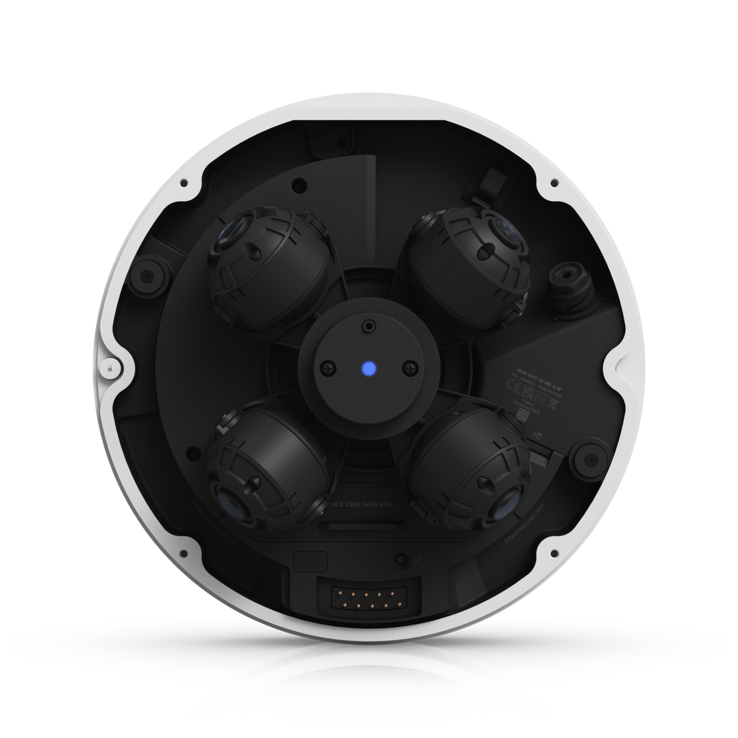 Ubiquiti UVC-AI-MS-4 with dome removed, revealing four adjustable camera modules and central status light