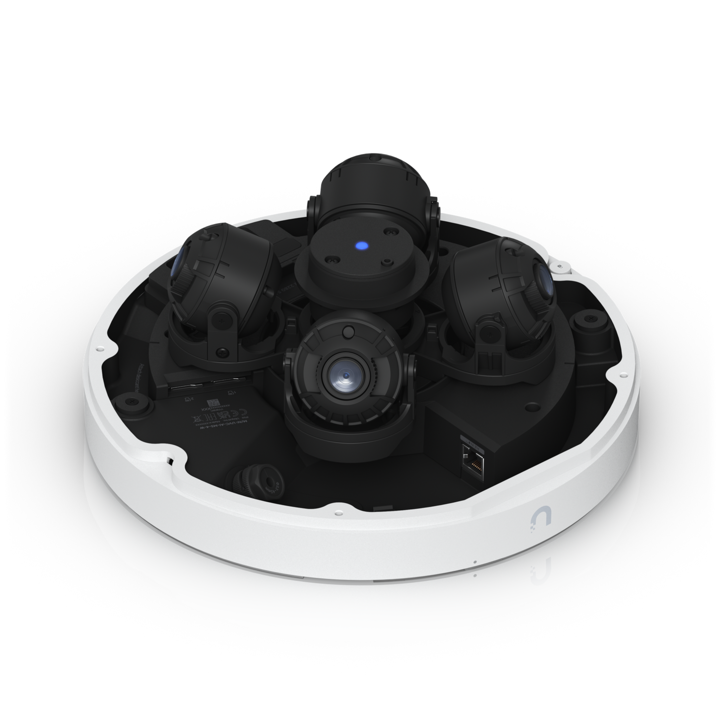 Angled internal view of the UniFi AI Multi Sensor 4 White showing four lenses and Ethernet port