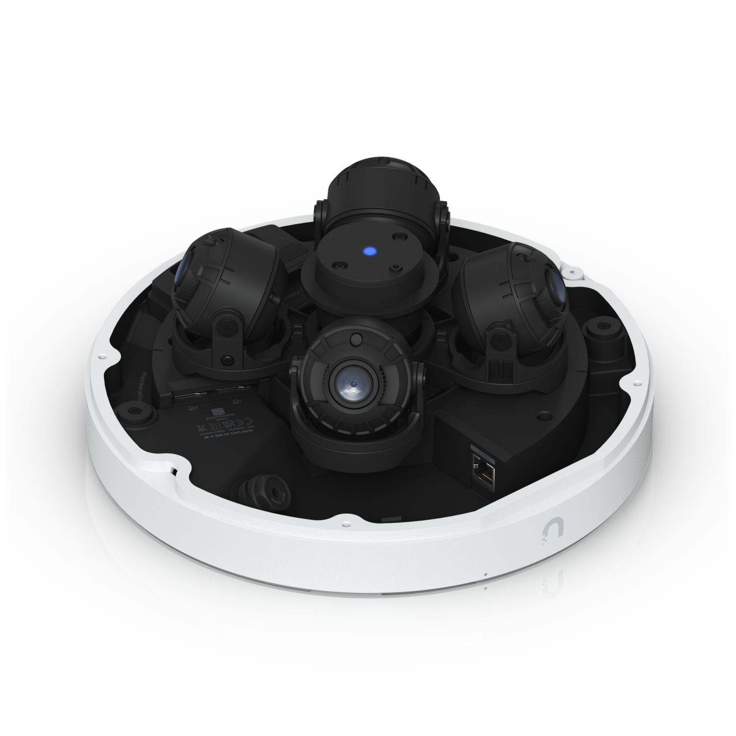 Angled internal view of the UniFi AI Multi Sensor 4 White showing four lenses and Ethernet port