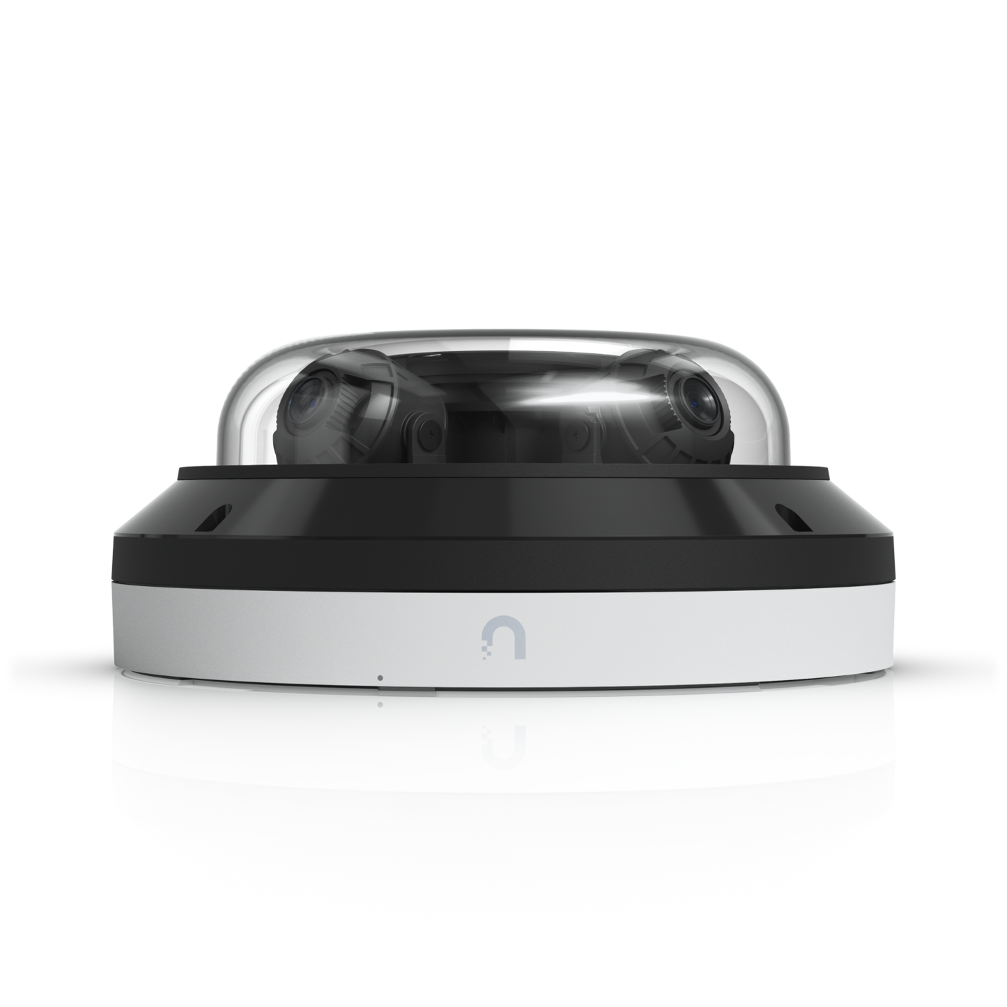 Front profile of the Ubiquiti UVC-AI-MS-4 with white housing, black trim and transparent camera dome