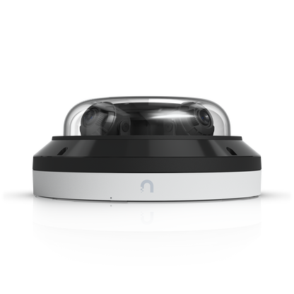 Front profile of the Ubiquiti UVC-AI-MS-4 with white housing, black trim and transparent camera dome