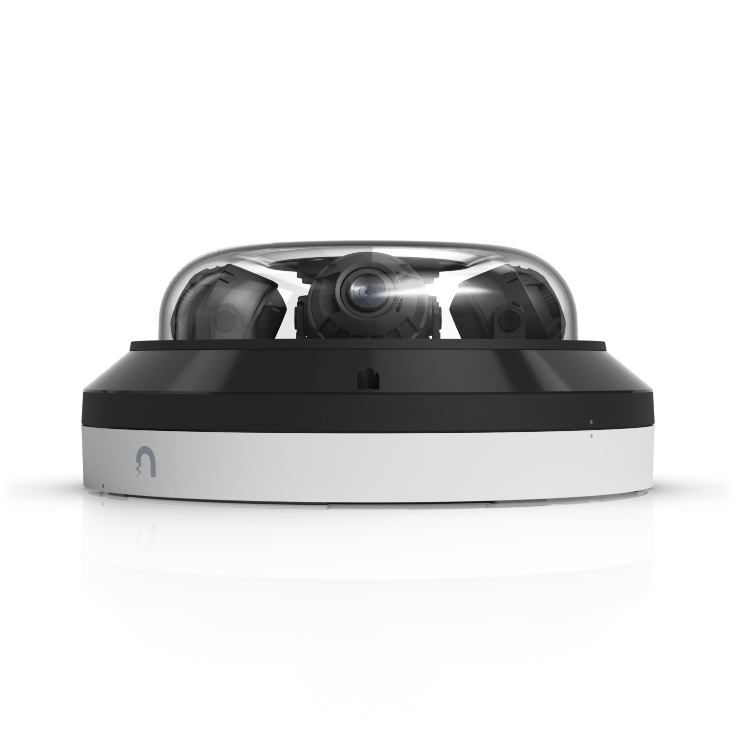 Side view of the UniFi AI Multi Sensor 4 White with central camera lens visible beneath the clear dome