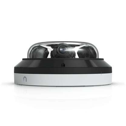 Side view of the UniFi AI Multi Sensor 4 White with central camera lens visible beneath the clear dome