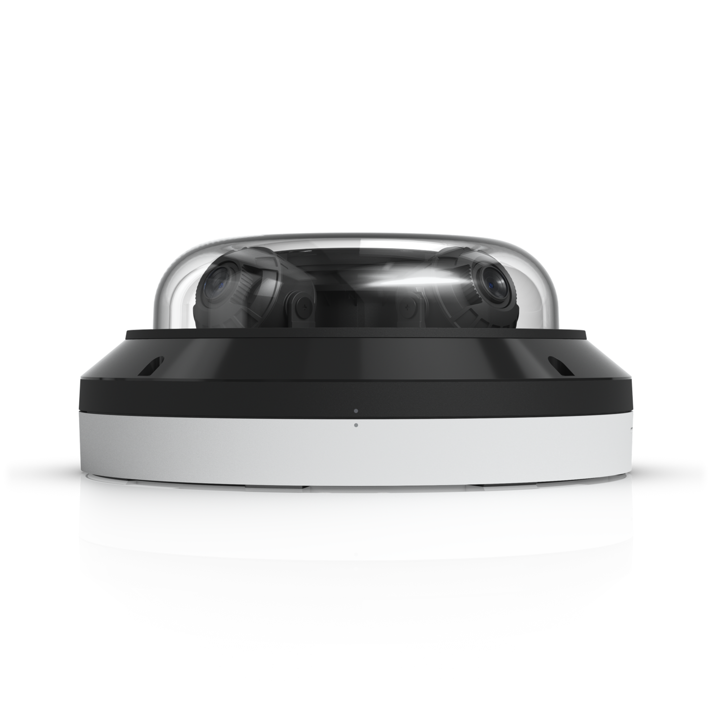 Ubiquiti UVC-AI-MS-4 white dome camera viewed from the side with dual lenses visible through the cover