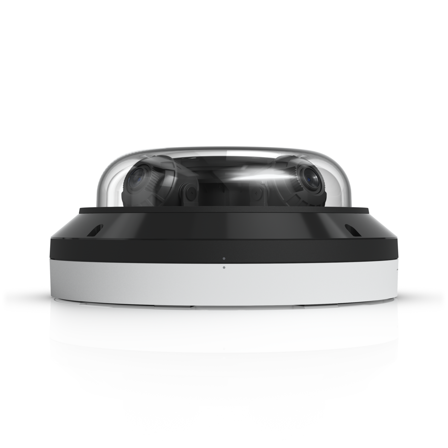 Ubiquiti UVC-AI-MS-4 white dome camera viewed from the side with dual lenses visible through the cover
