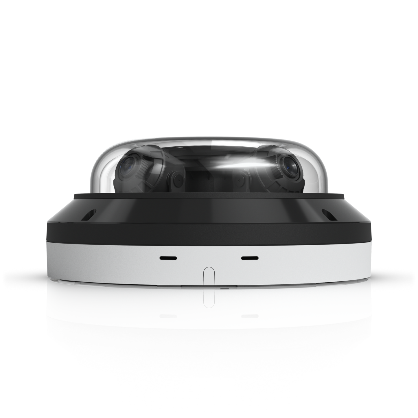 Rear profile of the Ubiquiti UVC-AI-MS-4 with mounting slots and camera lenses beneath the clear dome