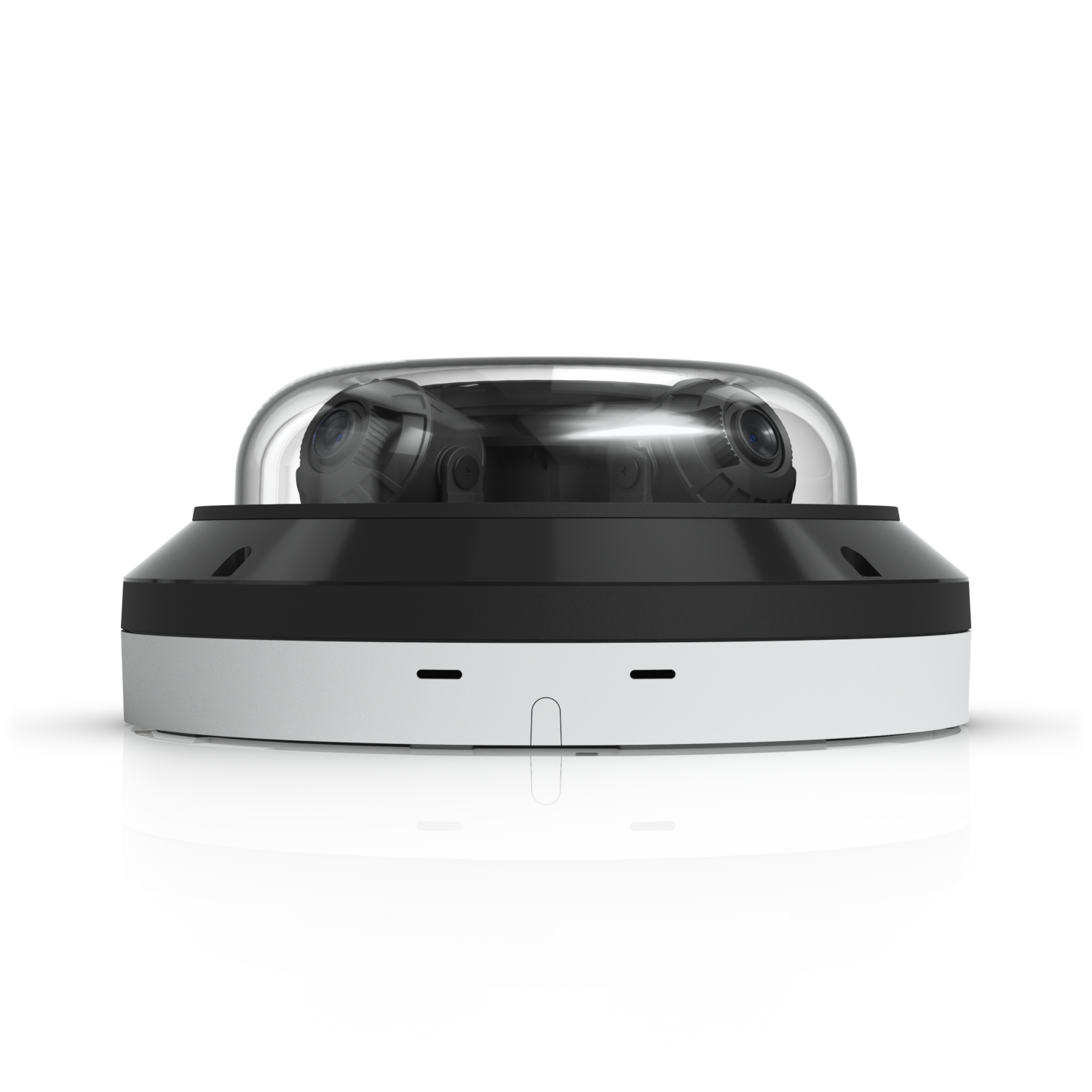 Rear profile of the Ubiquiti UVC-AI-MS-4 with mounting slots and camera lenses beneath the clear dome