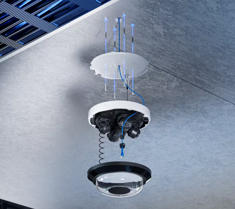 Exploded ceiling installation view of the Ubiquiti UVC-AI-MS-4 with mounting plate, Ethernet cable and dome