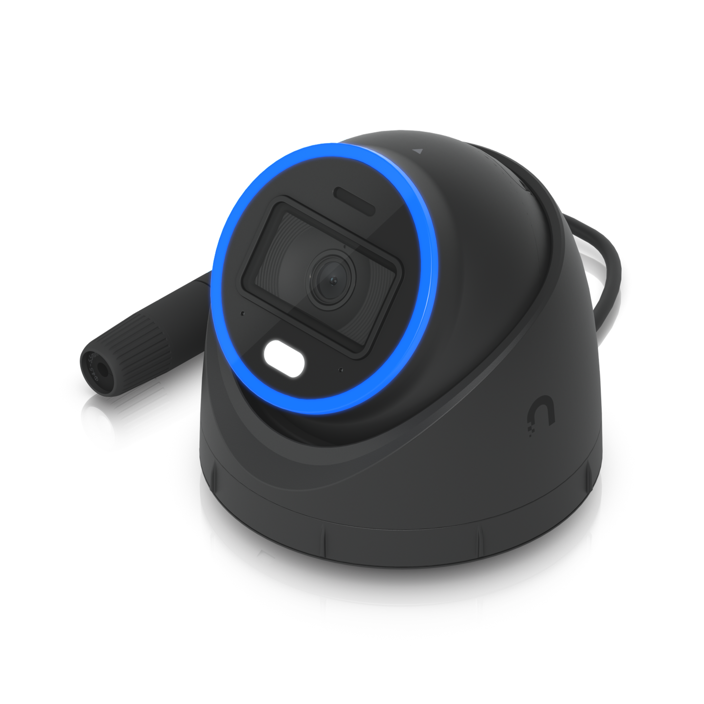 Angled front view of the Ubiquiti UniFi UVC-AI-Turret Camera in Black with Cabling