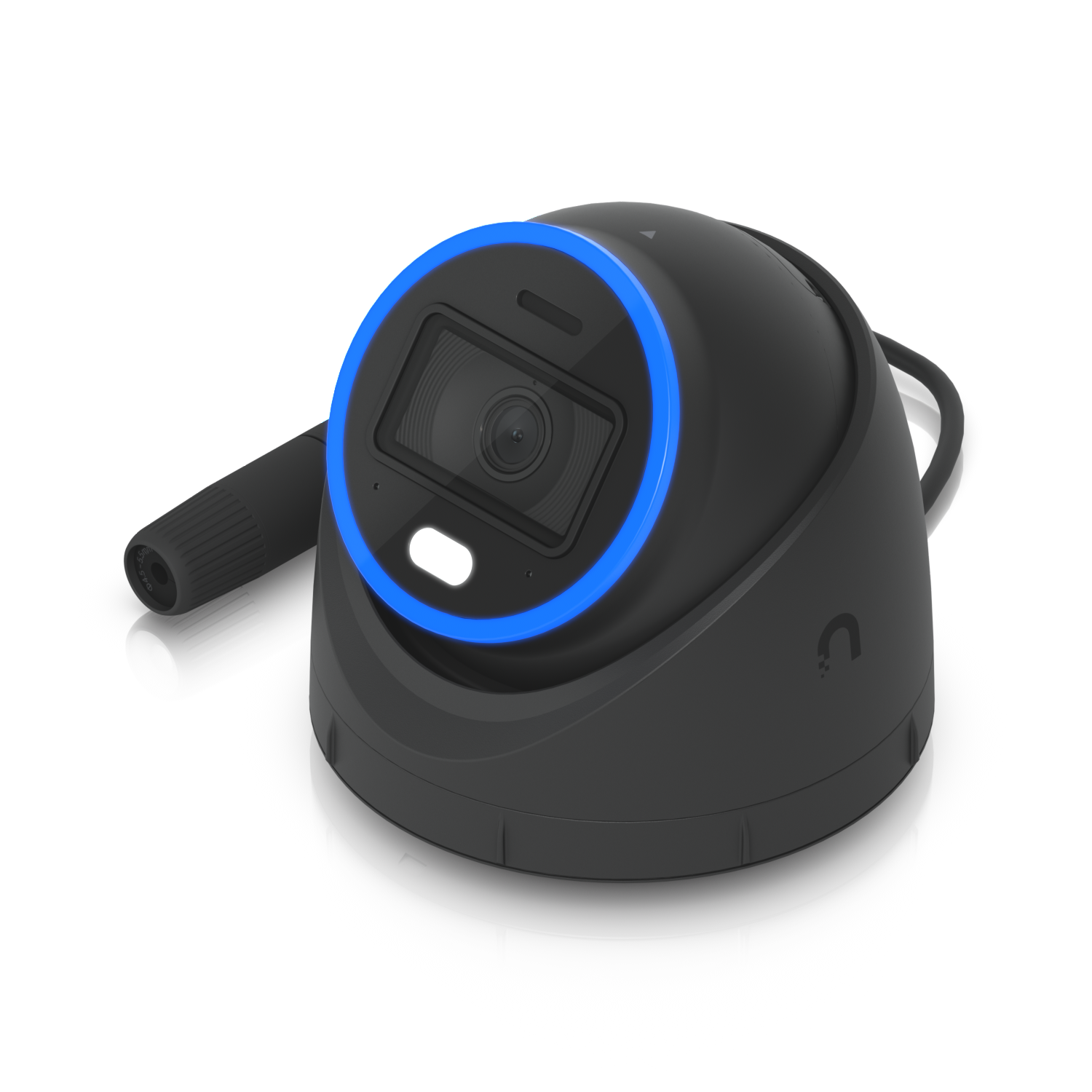 Angled front view of the Ubiquiti UniFi UVC-AI-Turret Camera in Black with Cabling