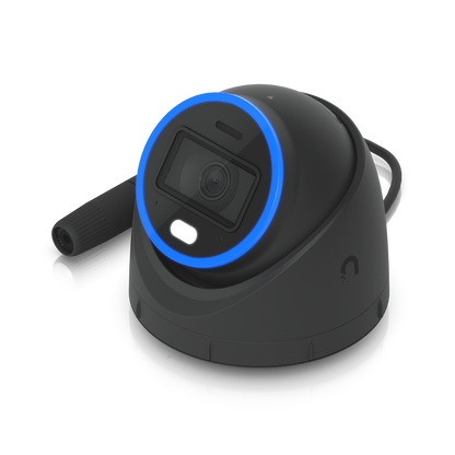 Angled front view of the Ubiquiti UniFi UVC-AI-Turret Camera in Black with Cabling