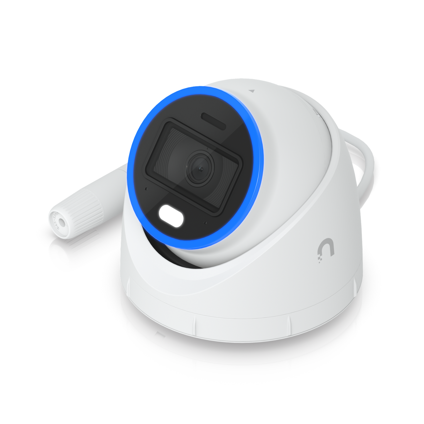 Angled front view of the Ubiquiti UniFi UVC-AI-Turret Camera in White with Cabling