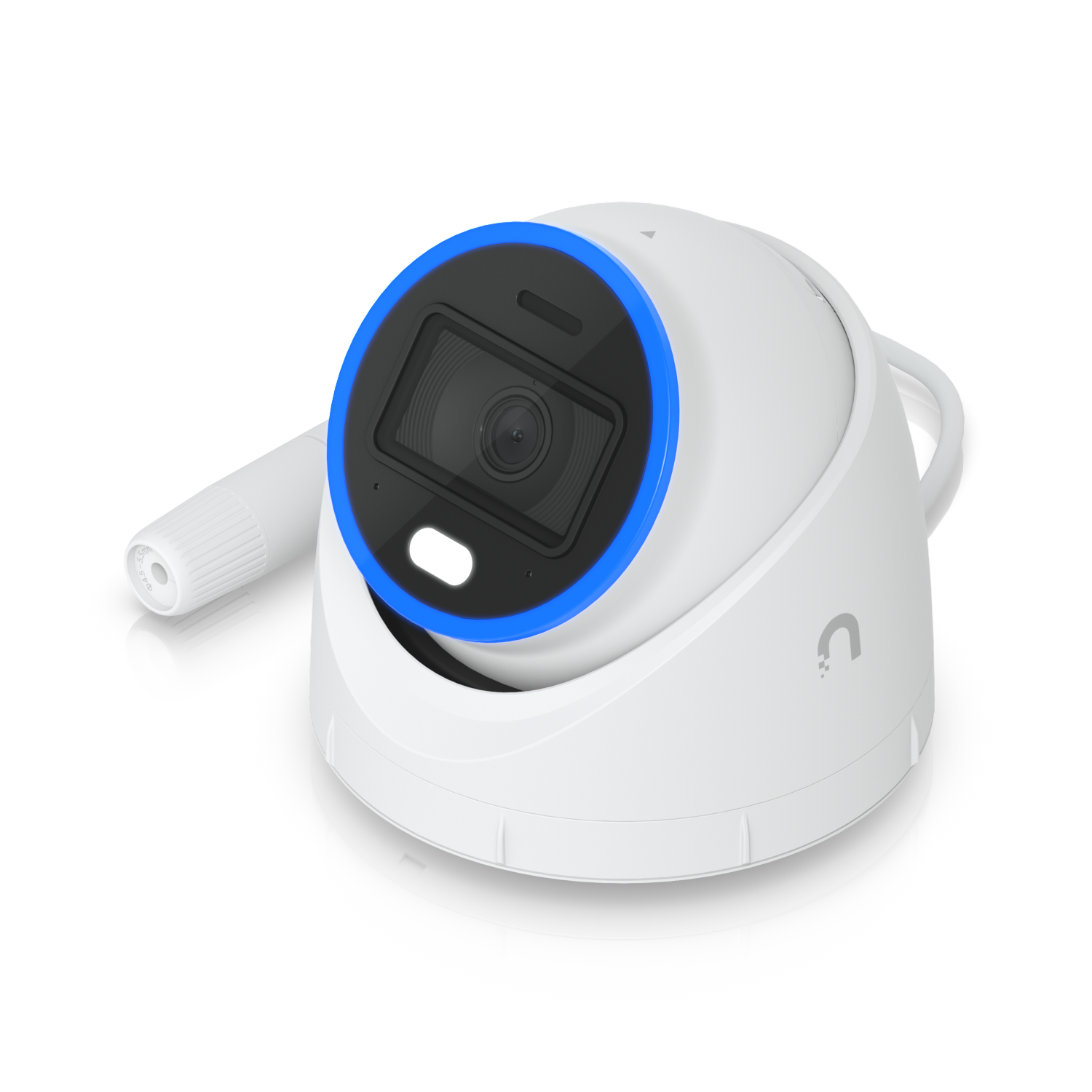 Angled front view of the Ubiquiti UniFi UVC-AI-Turret Camera in White with Cabling