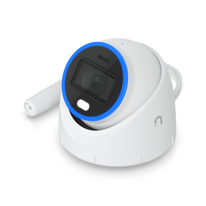 Angled front view of the Ubiquiti UniFi UVC-AI-Turret Camera in White with Cabling