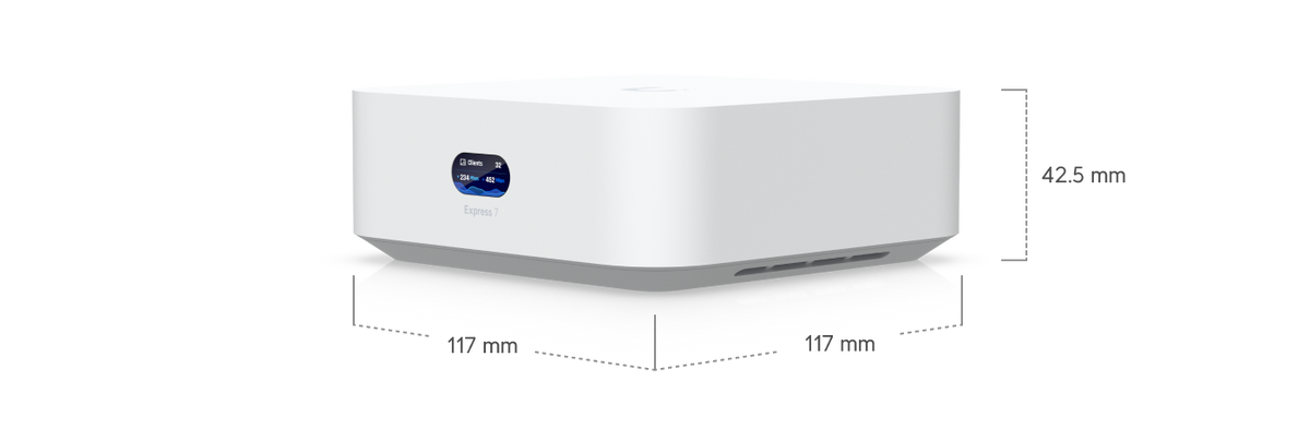 Ubiquiti UX7 UniFi Express 7 dimensions diagram showing a 117 × 117 mm footprint and 42.5 mm height.