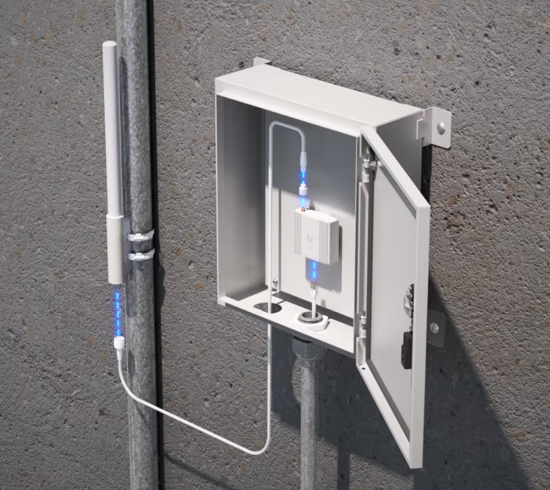 Ubiquiti UACC-USL-ANT-HG antenna connected to UniFi equipment in an outdoor enclosure with active link indicators